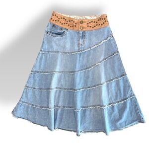 Y2K Limited Too Girls 10 Light Denim Boho Western Fringe Floral Layered Skirt